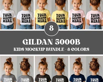 Pacchetto mockup per ragazze, modello fronte retro Gildan 5000B, modello t-shirt Gildan 5000B, pacchetto mockup t-shirt per bambini, pacchetto mockup Gildan 5000B per bambini