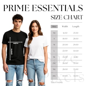 May include: Image of two people wearing t-shirts, one black and one white, with a size chart. The chart lists sizes XS to 4XL, with width and length measurements in inches. The text "PRIME ESSENTIALS" is at the top.