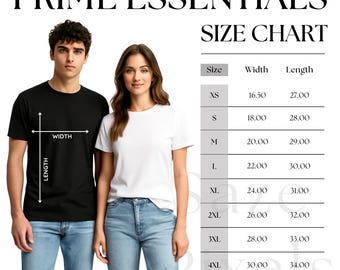 Prime Essentials Size Chart, Prime Essentials Mockup, Prime Essentials Measurements, Unisex T-Shirt Size Chart, Adult T-Shirt Size Guide