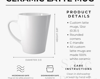 12 oz latte mok maattabel, keramische mok mockup, witte latte mok mockup, Printify latte mok, mockup keramische latte kopje, latte kopje verzorgingskaart