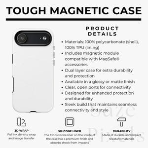Peut inclure: Coque de téléphone blanche avec un module caméra noir et le texte "TOUGH MAGNETIC CASE". La coque présente une conception à double couche pour une durabilité et une protection accrues. Elle comprend un module magnétique compatible avec les accessoires MagSafe.