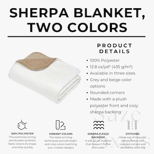 May include: A folded sherpa blanket with a white front and a beige sherpa fleece backing. The blanket is made of 100% polyester and has rounded corners. The text on the image says "SHERPA BLANKET, TWO COLORS".