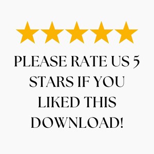 Puede incluir: Imagen con cinco estrellas doradas sobre el texto: "PLEASE RATE US 5 STARS IF YOU LIKED THIS DOWNLOAD!" El texto est&aacute; en una fuente serif cl&aacute;sica, sobre un fondo blanco. Las estrellas est&aacute;n espaciadas uniformemente.