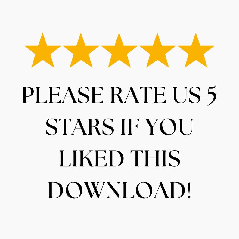 Puede incluir: Imagen con cinco estrellas doradas sobre el texto: "PLEASE RATE US 5 STARS IF YOU LIKED THIS DOWNLOAD!" El texto est&aacute; en una fuente serif cl&aacute;sica, sobre un fondo blanco. Las estrellas est&aacute;n espaciadas uniformemente.