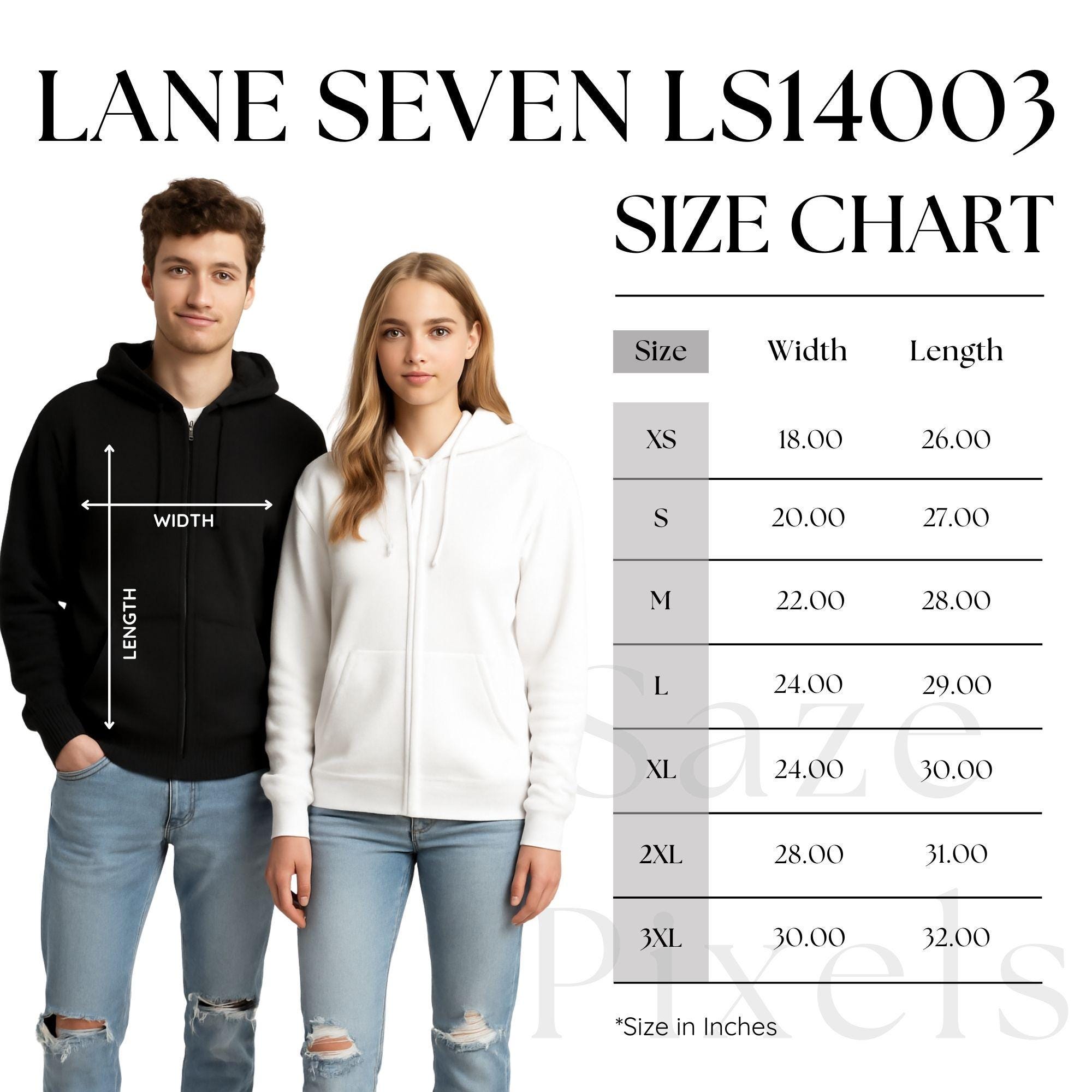 Lane Seven LS14003 Size Chart – Unisex Zip Hoodie – Digital