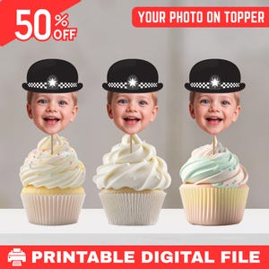 Police Cupcake Topper, Personalized Baby Face Cupcake Toppers, Photo Birthday Topper, Photo Cupcake Topper, Custom Face Cupcake Toppers