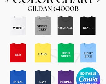 Bearbeitbare Gildan 64000B Farbkarte, Gildan 64000B bearbeitbare Canva Farbkarte, G64000B Farbkarte Canva Vorlage, druckbare Shirt-Farbkarte