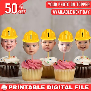 Construction Cupcake Toppers, Custom Face Cupcake Toppers, Personalized Baby Face Cupcake Toppers,Photo Cupcake Topper,Photo Birthday Topper