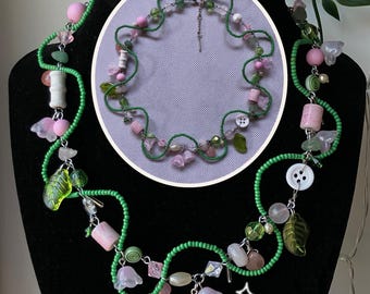 Springtime pink flower nature beaded necklace