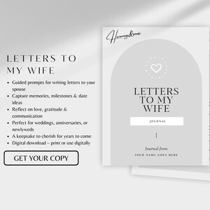 Puede incluir: Un diario gris claro titulado "Cartas a mi esposa" con un diseño de corazón. El diario incluye indicaciones para escribir cartas, capturar recuerdos y reflexionar sobre el amor. También se ve el texto "Diario de TU NOMBRE AQUÍ".