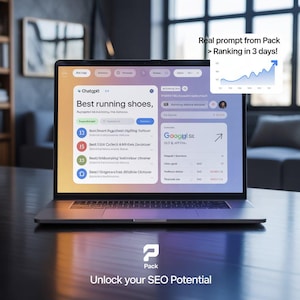 Puede incluir: Un ordenador portátil muestra una interfaz de sitio web con el texto "Best running shoes". Un gráfico muestra una tendencia al alza. La pantalla también muestra el texto "Real prompt from Pack > Ranking in 3 days!". El logotipo de "Pack" está en la parte inferior.