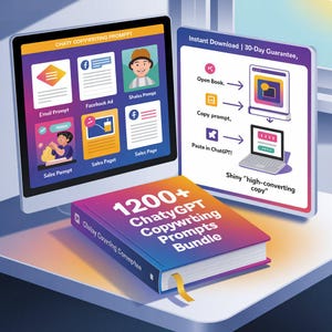 May include: A digital marketing bundle is displayed, featuring a book titled "1200+ ChatyGPT Copywriting Prompts Bundle." The image also shows a computer screen with various copywriting prompts and a diagram illustrating the process of using the prompts.