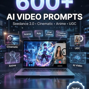 May include: A digital product display featuring a laptop screen showing anime and video content, with text overlays reading 600+ AI VIDEO PROMPTS, Seedance 2.0, Cinematic, Anime, UGC, Ads, Viral Videos, Creative Concepts, and Digital Download.