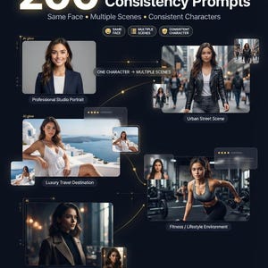 May include: A digital product advertisement titled 200 Nano Banana Pro Consistency Prompts. It features a central character shown in various settings including a professional studio, urban street, luxury travel destination, and fitness environment.