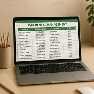 Może przedstawiać: Laptop z arkuszem kalkulacyjnym do zarządzania wynajmem samochodów. Arkusz kalkulacyjny zawiera kolumny dla pojazdu, daty rezerwacji, klienta i zysku. Pojemnik na ołówki, ołówki, notatnik i mysz znajdują się na drewnianym biurku.