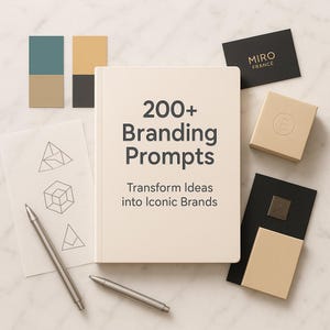 Puede incluir: Un libro color crema titulado "200+ Branding Prompts" con el lema "Transforma ideas en marcas icónicas". La imagen incluye muestras de diseño, bolígrafos, tarjetas de visita y una pequeña caja, todo dispuesto sobre una superficie de mármol. La paleta de colores incluye crema, negro, dorado y verde azulado.