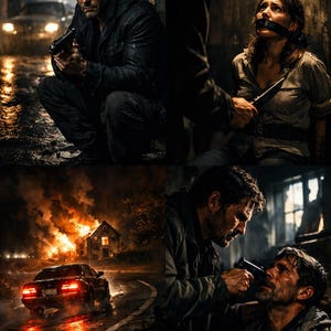 Pu&ograve; includere: Una serie di immagini drammatiche che raffigurano una scena del crimine. Un uomo accovacciato con una pistola sotto la pioggia, una donna legata e imbavagliata, una casa in fiamme e un uomo che punta una pistola contro il volto di un altro uomo.