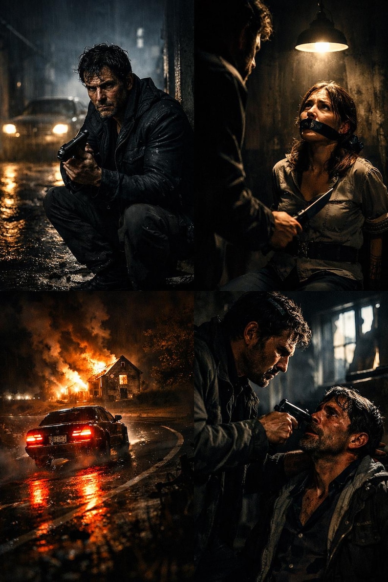 Pu&ograve; includere: Una serie di immagini drammatiche che raffigurano una scena del crimine. Un uomo accovacciato con una pistola sotto la pioggia, una donna legata e imbavagliata, una casa in fiamme e un uomo che punta una pistola contro il volto di un altro uomo.