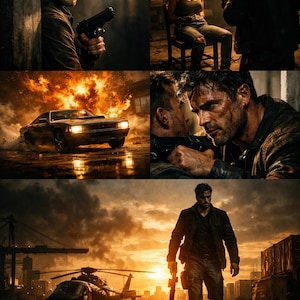 Pu&ograve; includere: Un'immagine composita con scene d'azione. Un uomo tiene una pistola, una donna &egrave; legata a una sedia, un'auto esplode e due uomini sono in una situazione tesa. Un elicottero e uno skyline sono visibili sullo sfondo.