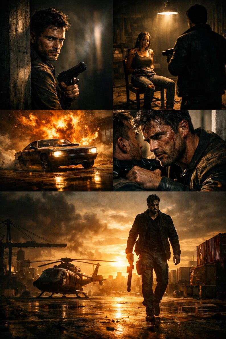 Pu&ograve; includere: Un'immagine composita con scene d'azione. Un uomo tiene una pistola, una donna &egrave; legata a una sedia, un'auto esplode e due uomini sono in una situazione tesa. Un elicottero e uno skyline sono visibili sullo sfondo.