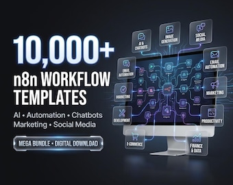 Puede incluir: Un gráfico digital con un monitor de computadora que muestra una red compleja de iconos y líneas interconectadas. El texto dice 10,000+ n8n WORKFLOW TEMPLATES, AI, Automation, Chatbots, Marketing, Social Media y MEGA BUNDLE, DIGITAL DOWNLOAD.