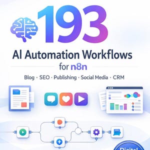 May include: A digital graphic promoting "193 AI Automation Workflows for n8n." The design features a gradient of blue and purple, with icons representing blog, SEO, publishing, social media, and CRM. A digital download button is included.