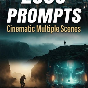 May include: A digital art book cover with the title "2000 PROMPTS" in large white letters. The subtitle reads "Cinematic Multiple Scenes". The image features a futuristic landscape with figures and structures, and the text "For Nano Banana & Sora AI".