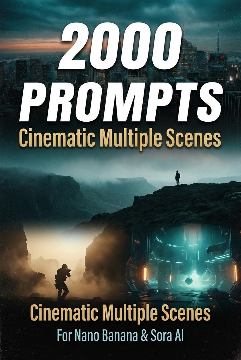 Pu&ograve; includere: Copertina di un libro d'arte digitale con il titolo "2000 PROMPTS" in grandi lettere bianche. Il sottotitolo recita "Cinematic Multiple Scenes". L'immagine presenta un paesaggio futuristico con figure e strutture, e il testo "For Nano Banana & Sora AI".