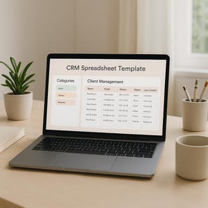 May include: A laptop displaying a CRM Spreadsheet Template with client management data. The screen shows categories and a table with client names, emails, phone numbers, statuses, and last contact information. A small potted plant, a pen holder with pens, and a mug are on the desk.