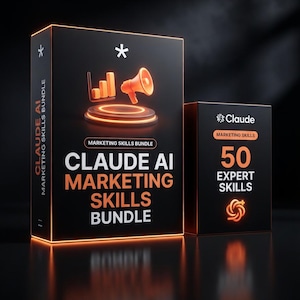 May include: Two black rectangular boxes featuring orange glowing accents and text. The larger box displays the text CLAUDE AI MARKETING SKILLS BUNDLE with a megaphone and bar chart icon. The smaller box shows the text CLAUDE MARKETING SKILLS 50 EXPERT SKILLS.