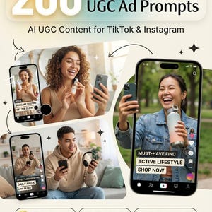 以下が含まれることがあります： 200 Nano Banana Pro UGC Ad Prompts for TikTok & Instagramというタイトルのデジタルグラフィック。製品を使用する人々が映るソーシャルメディアコンテンツを表示した3つのスマートフォン画面と、UGC Creators、TikTok Ads、Instagram Adsのラベルが含まれています。