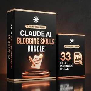 Op de afbeelding: Twee zwarte rechthoekige dozen met koperkleurige accenten. De grotere doos bevat de tekst CLAUDE AI BLOGGING SKILLS BUNDLE, een sterpictogram en een 3D-afbeelding van een pen en gloeilamp. De kleinere doos toont 33 EXPERT BLOGGING SKILLS.