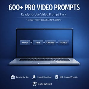 Può includere: Un laptop mostra "Prompt -> Style -> Character -> Output." L'immagine promuove "600+ PRO VIDEO PROMPTS" con uso commerciale e download immediato. Lo sfondo è una sfumatura blu scuro.