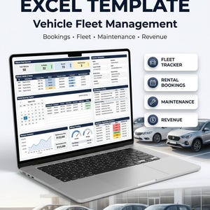 Pode incluir: Um portátil exibindo um modelo de Excel de aluguer de carros para gestão de frota, com secções para reservas, frota, manutenção e receitas. O ecrã mostra tabelas de dados, um calendário e gráficos. Quatro botões listam rastreador de frota, reservas de aluguer, manutenção e receitas.