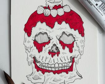 オリジナル作品：溶ける頭蓋骨のバースデーケーキの絵画、ガッシュインク画（4.9×7インチ）