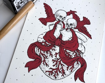 Gothic Surreal Ink Painting, Skull Birds Flying Hearts Illustration (4.9x7 inches)