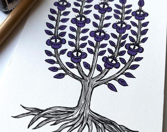 Árbol de flores con forma de ojo medieval original, arte gótico botánico en gouache y tinta (4,9 x 7)