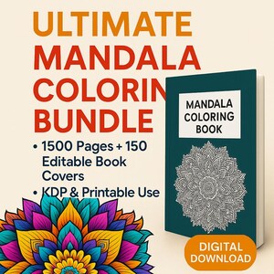 Könnte beinhalten: Ein Bild, das ein digitales Mandala-Malpaket bewirbt. Der Text lautet „ULTIMATE MANDALA COLORING BUNDLE“ mit Details zu 1500 Seiten, 150 bearbeitbaren Buchumschlägen und KDP- und Drucknutzung. Gezeigt wird auch ein teal-farbenes Buch mit einem Mandala-Design.