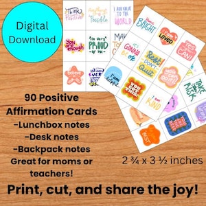 May include: A digital download of 90 positive affirmation cards. The cards feature colorful text with phrases like "You are enough" and "I am kind." Each card measures 2 3/4 x 3 1/2 inches. Great for lunchbox, desk, or backpack notes.