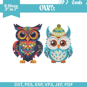 May include: Two colorful owl designs. One owl is primarily blue, orange, and yellow, while the other is blue and turquoise with a winter hat. The text "OWLS" is above the owls. The text "9 Sizes 3" to 7"" is in the upper left corner.