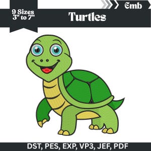 May include: A cartoon turtle design in green, yellow, and red. The turtle has a smiling face with blue eyes. The text "Turtles" is above the turtle. The design is available in 9 sizes, ranging from 3 to 7 inches.