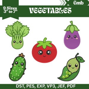 May include: An image featuring embroidered vegetable designs, including a green broccoli, a red tomato, a purple aubergine, a green cucumber, and a pea pod. The text "VEGETABLES" is displayed above the designs. The text "9 Sizes 7.6cm to 17.8cm" is also displayed.