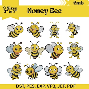 Może przedstawiać: Kolekcja kreskówkowych wzorów pszczół miodnych w różnych pozach. Pszczoły są żółto-czarne z białymi skrzydłami. Tekst zawiera "9 Rozmiarów 7,6 cm do 17,8 cm" i "Honey Bee". Formaty plików: DST, PES, EXP, VP3, JEF, PDF.