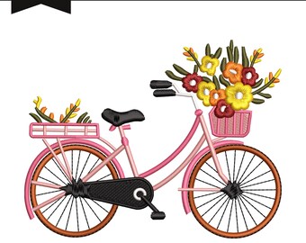Bloemen fiets machineborduurontwerp, vintage lente (directe download)