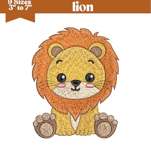 May include: A cute cartoon lion with a yellow body and an orange mane. The image includes the text "lion" and "9 Sizes 3" to 7"" in a banner. The lion has large eyes and is sitting with its paws forward. The image also includes the text "DST, PES, EXP, VP3, JEF, PDF".