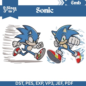 May include: An image featuring two illustrations of Sonic the Hedgehog in action. The text "Sonic" is displayed above the illustrations. The text "9 Sizes 3" to 7"" is displayed above the illustrations. The text "DST, PES, EXP, VP3, JEF, PDF" is displayed below the illustrations.