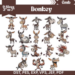 Può includere: Una collezione di disegni di asini dei cartoni animati in varie pose e colori, dal marrone al grigio. L'immagine include testo che indica dimensioni da 7.6 a 17.8 cm. La parola "Donkey" è visualizzata in modo prominente.