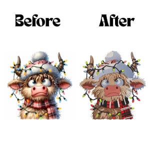 Può includere: Un grafico comparativo con le etichette Before e After mostra un cartone animato di una mucca Highland con berretto invernale e sciarpa, avvolta da luci natalizie colorate. A sinistra un'illustrazione, a destra una versione ricamata.
