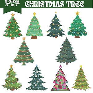 May include: Nine Christmas tree designs, ranging from 7.6 to 17.8 cm in size. Each tree has a unique style, with different decorations, including baubles and star toppers. The text "CHRISTMAS TREE" is displayed above the trees.