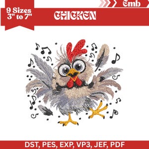 Puede incluir: Diseño bordado de un pollo de dibujos animados con gafas grandes, cresta roja y patas amarillas. La palabra "CHICKEN" está encima de la imagen. El diseño está disponible en 9 tamaños, de 7,6 a 17,8 cm.